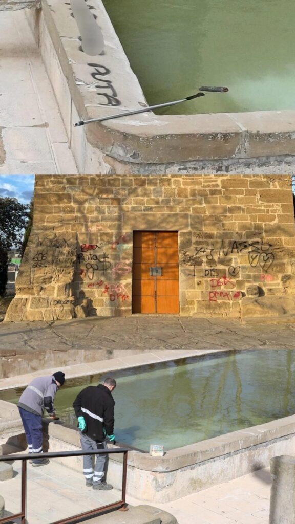 Collage de tres imatges. La primera, part dels safareigs amb una pintada que hi diu "PUTA". La segona imatge conté guixades a la paret de l'ermita de Sant Macari. A la tercera imatge hi ha dos operaris de la brigada netejant el primer espai descrit.
